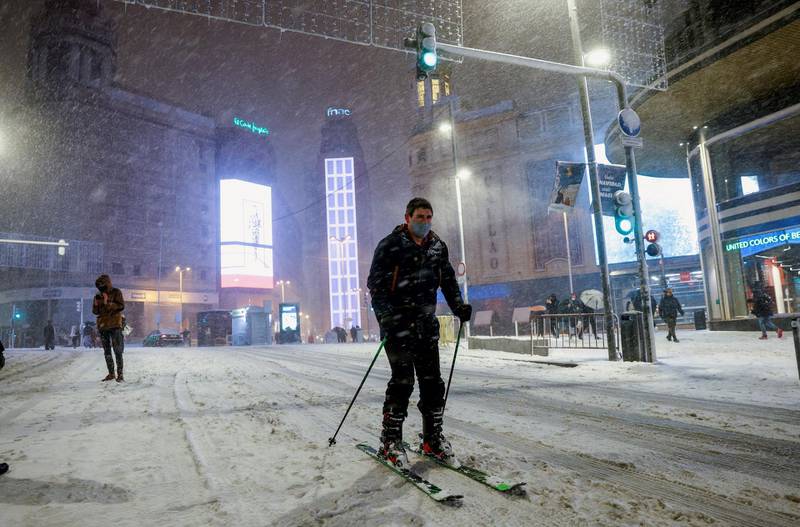 A person skis on the Gran Via, central Madrid, Spain.  EPA