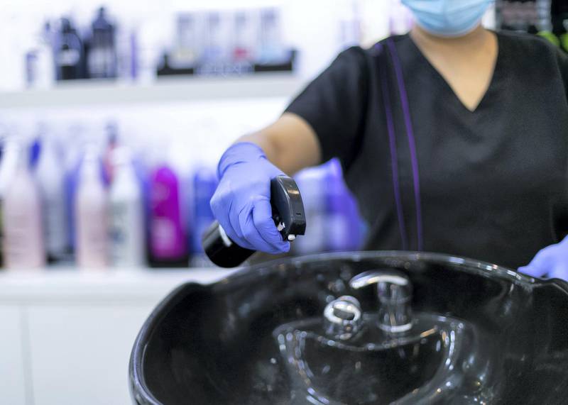 DUBAI, UNITED ARAB EMIRATES. 21 MAY 2020. Sanitary measures taken at Pastels Salon in Mercato.(Photo: Reem Mohammed/The National)Reporter:Section: