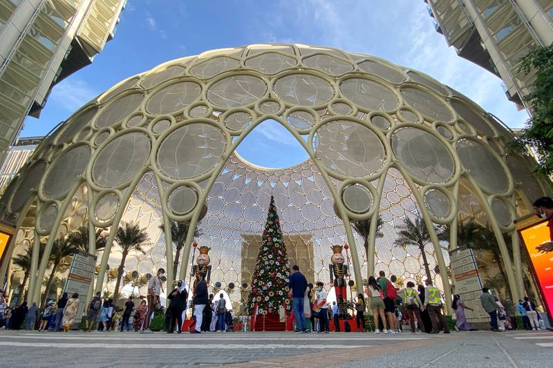 A Christmas tree is seen at Al Wasl Plaza at Expo 2020 Dubai, United Arab Emirates.  Reuters