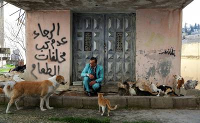 Ali Sarsour plays with his dog and cats near his home in Amman. Reuters
