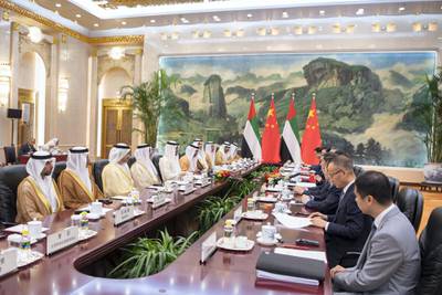 BEIJING, CHINA - July 22, 2019: HH Sheikh Mohamed bin Zayed Al Nahyan, Crown Prince of Abu Dhabi and Deputy Supreme Commander of the UAE Armed Forces (5th L), meets with with HE Li Keqiang, Premier of the State Council of China (not shown), at the Great Hall of the People. Seen with HE Suhail bin Mohamed Faraj Faris Al Mazrouei, UAE Minister of Energy (L), HE Ali Mohamed Hammad Al Shamsi, Deputy Secretary-General of the UAE Supreme National Security Council (2nd L), HH Sheikh Abdullah bin Zayed Al Nahyan UAE Minister of Foreign Affairs and International Cooperation (3rd L), HH Lt General Sheikh Saif bin Zayed Al Nahyan, UAE Deputy Prime Minister and Minister of Interior (4th L), HH Sheikh Hamed bin Zayed Al Nahyan, Chairman of the Crown Prince Court of Abu Dhabi and Abu Dhabi Executive Council Member (6th L), HE Khaldoon Khalifa Al Mubarak, CEO and Managing Director Mubadala, Chairman of the Abu Dhabi Executive Affairs Authority and Abu Dhabi Executive Council Member (7th L), HE Sultan bin Saeed Al Mansouri, UAE Minister of Economy (8th L), HE Dr Sultan Ahmed Al Jaber, UAE Minister of State, Chairman of Masdar and CEO of ADNOC Group (9th L) and HE Hussain Ibrahim Al Hammadi, UAE Minister of Education (R).

( Saeed Al Neyadi / Ministry of Presidential Affairs )
---