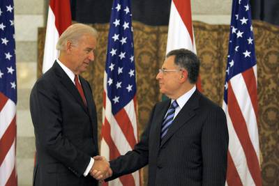 US Vice President Joe Biden (L) shakes hands with Lebanese Prime Minister Fuad Siniora during a meeting at the governmental palace in Beirut on May 22, 2009. Biden said that Washington will determine its aid to Lebanon based on the outcome of a tightly contested legislative election that the Islamist group Hezbollah could win. AFP PHOTO/JOSEPH BARRAK (Photo by JOSEPH BARRAK / AFP)