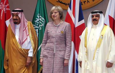 British prime minister Theresa May with Saudi King Salman, left, and King of Bahrain, Hamad bin Issa Al Khalifa, at the GCC summit in Manama. AFP

