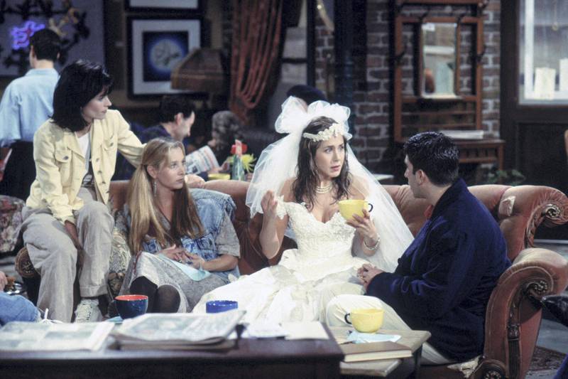 FRIENDS -- "The One Where Monica Gets a Roommate" Episode 1 -- Aired 9/22/1994 -- Pictured: (l-r) Courteney Cox as Monica Geller, Lisa Kudrow as Phoebe Buffay, Jennifer Aniston as Rachel Green, David Schwimmer as Ross Geller -- Photo by: NBCU Photo Bank