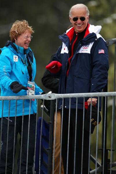 WHISTLER, BC - FEBRUARY 13:  United States vice-president Joe Biden shares a joke with volunteer Roberta Durno at Whistler Olympic Park Ski Jumping Stadium on February 13, 2010 in Whistler, Canada.  (Photo by Lars Baron/Bongarts/Getty Images)