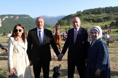 Turkey's President Tayyip Erdogan and his Azerbaijan counterpart, Ilham Aliyev, in Nagorno-Karabakh. Reuters