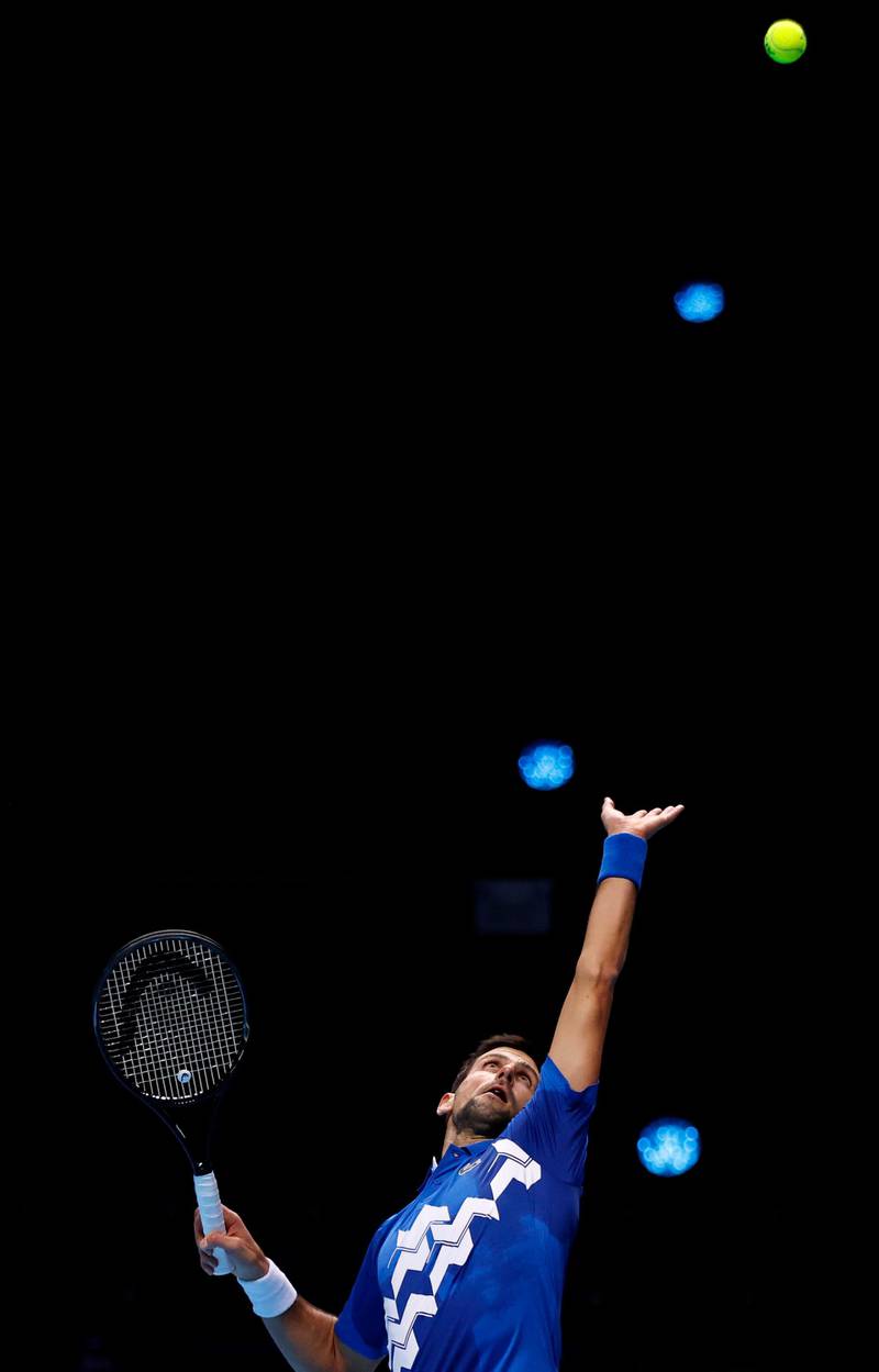 World No 1 Novak Djokovic serves during his straight-sets victory over Diego Schwartzman at the ATP World Tour Finals at the O2 Arena in London, on Monday, November 16. Getty
