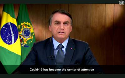 Brazilian President Jair Bolsonaro speaks in a pre-recorded message. UNTV via AP