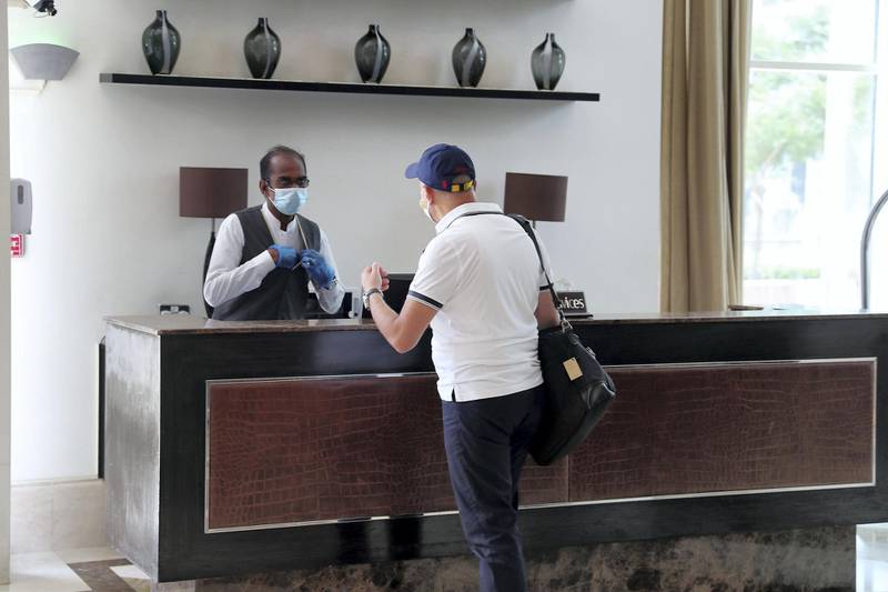 DUBAI, UNITED ARAB EMIRATES , July 8 – 2020 :- One of the guest at the Towers Rotana hotel on Sheikh Zayed road in Dubai. (Pawan Singh / The National) For News/Standalone/Online/Stock