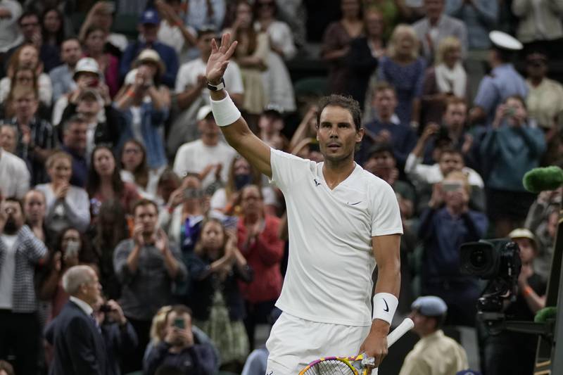 Rafael Nadal celebrates defeating Lorenzo Sonego in the third round at Wimbledon. AP