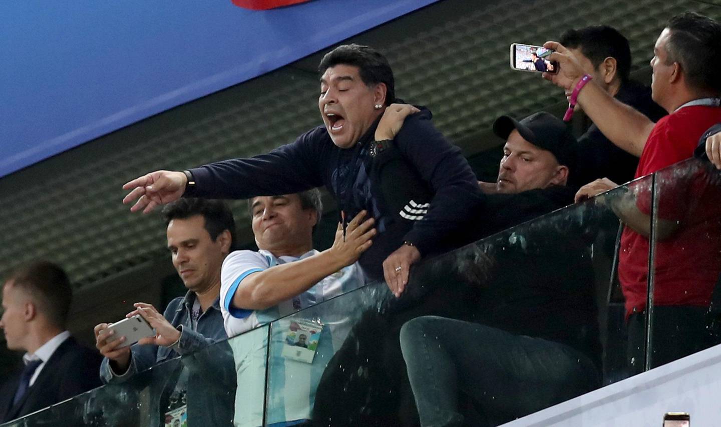 SAINT PETERSBURG, RUSSIA - JUNE 26:  Diego Armando Maradona celebrates Argentina's victory following the 2018 FIFA World Cup Russia group D match between Nigeria and Argentina at Saint Petersburg Stadium on June 26, 2018 in Saint Petersburg, Russia.  (Photo by Alex Morton/Getty Images)