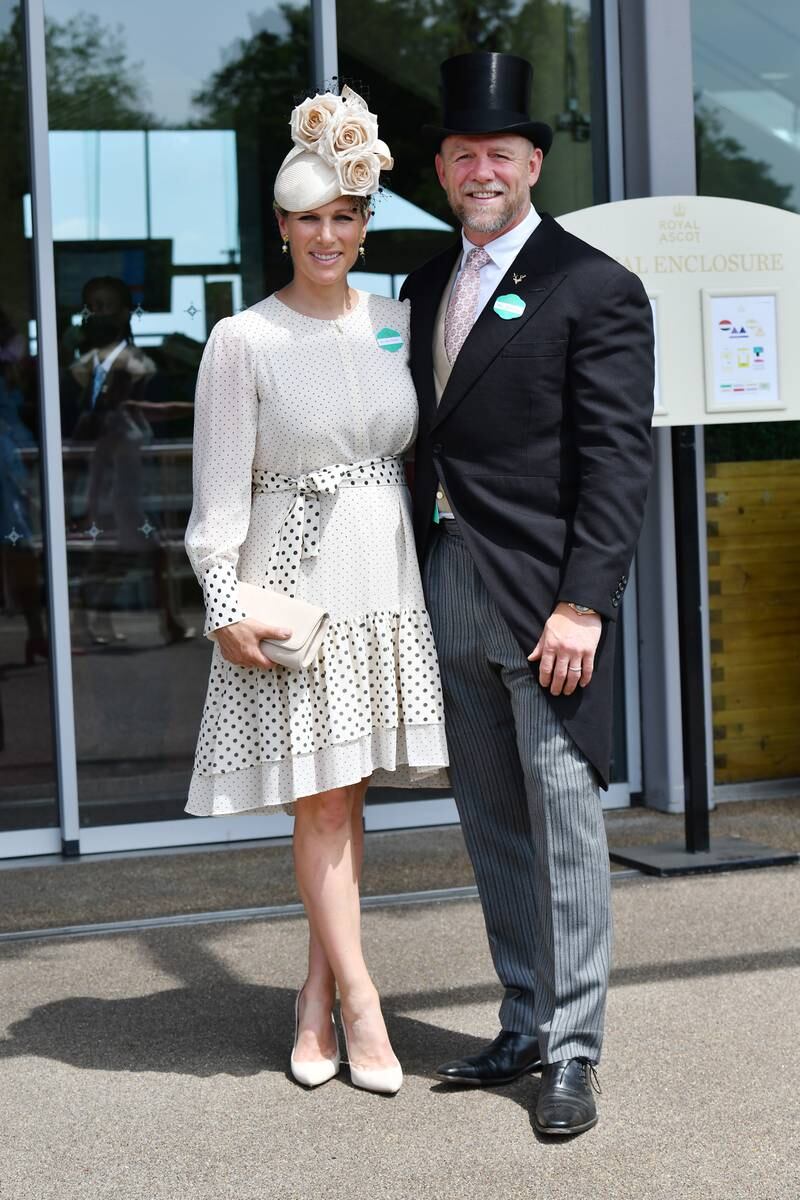 Zara Tindall, wearing a black and white polka dot dress with with a bespoke Juliette Botterill Millinery headpiece, and Mike Tindall attend Royal Ascot on June 15, 2021 in Ascot, England. Getty Images 