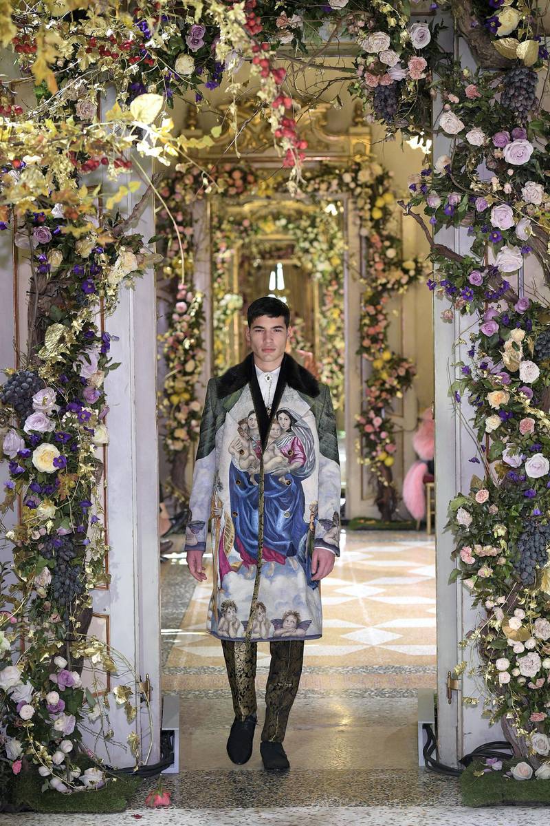Masterpieces by Botticelli and da Vinci translated into rich dresses, coats and jackets, encrusted with embroidery. Courtesy Dolce & Gabbana