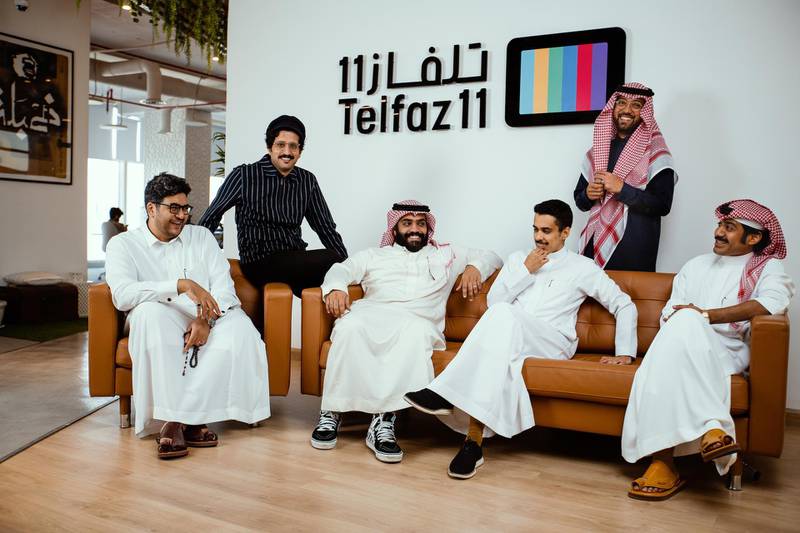 The Telefaz11 team in their offices in Saudi Arabia, from left to right: Ibraheem Al Khairallah, Ali Al Kalthami, Mohammed Al Garawi, Faisal Al Amir, Alaa Yousef Fadan and Mohammed Al Dokhie. Courtesy Telfaz11