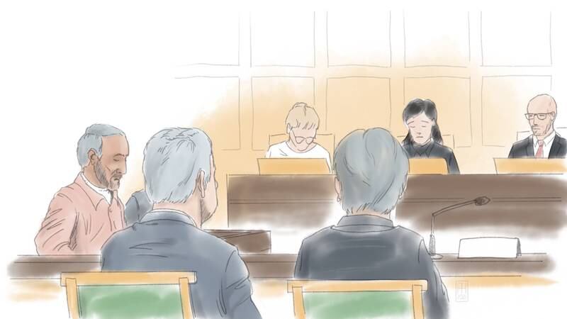 Hamid Nouri, shown left in a court sketch, is on trial for alleged war crimes and murder at a court in Stockholm. EPA