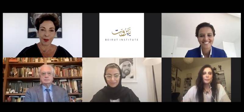 Clockwise from top left: Raghida Dergham, Najat Vallaud-Belkacem, Nadine Labaki, Noura Al Kaabi and Mikhail Piotrovsky take part in the Beirut Institute Summit e-Policy Circle. Facebook / Beirut Institute