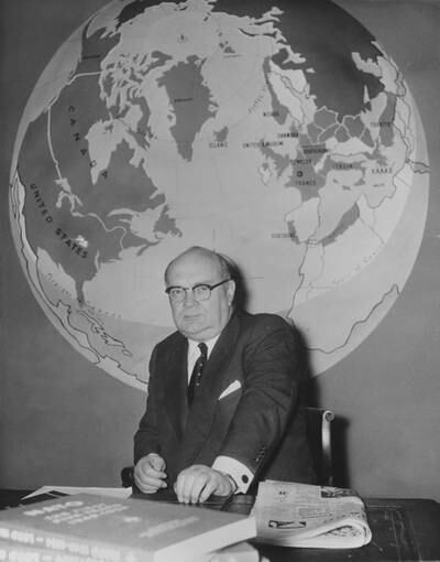 Belgian Foreign Minister Paul-Henri Spaak holds a press conference in Paris after taking over from Hastings Ismay as Nato chief in 1956