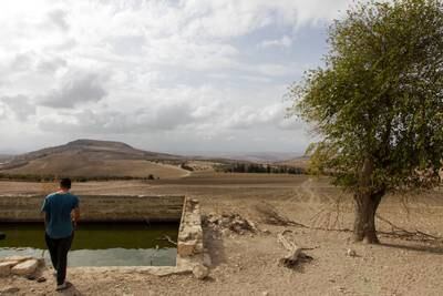A view of the low water level and the dried ground of Sidi Salem dam in Oued Zarga, Beja
