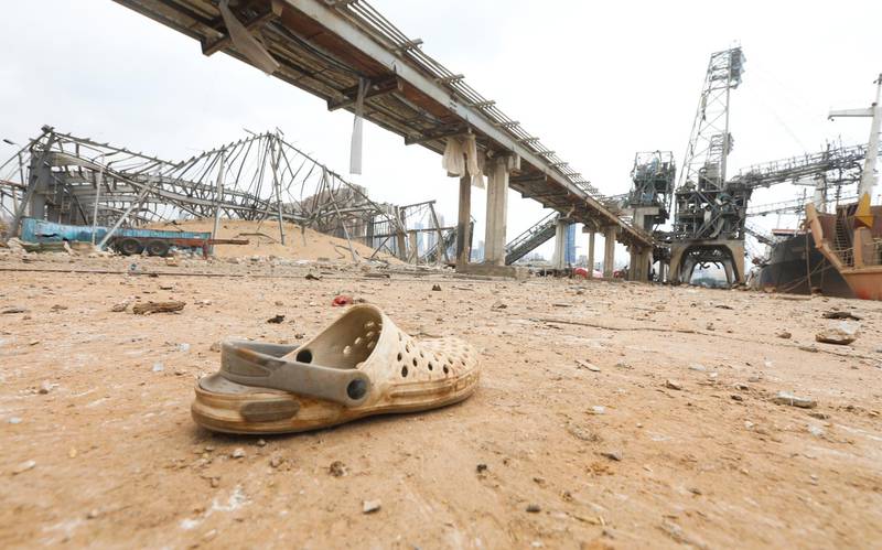 An abandoned shoe is seen at the site of Tuesday's blast, at Beirut's port area, Lebanon. Reuters