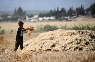 A young boy plays with wheat straw piled up after harvesting, in the countryside of Syria's northwestern city of Afrin in rebel-held part of Aleppo province, on June 8, 2022.  (Photo by Rami al SAYED  /  AFP)