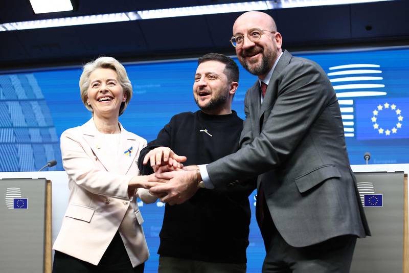 President of the European Council Charles Michel, European Commission President Ursula von der Leyen and Mr Zelenskyy at a EU summit in Brussels in February 2023. AFP