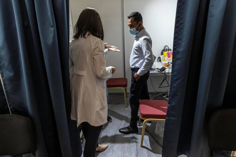Mr Lateef Painatprepares to get vaccinated at the newly opened Al Barsha Hall, Vaccination Centre that are administering 4000 vaccinations a day on May 5th, 2021