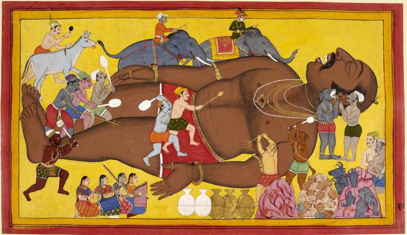 Demons try to rouse Kumbhakarna, the brother of the 10-headed king Ravana - one of the images from the online Ramayana organised by the British Library. Courtesy British Library