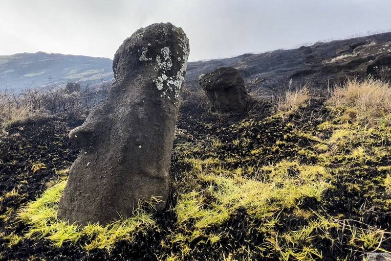 Moai affected by a fire at the Rapa Nui National Park on Easter Island, Chile, on October 6, 2022. AFP