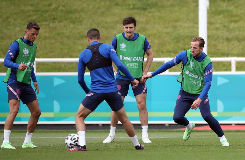 Ben White, Conor Coady, Harry Maguire and Harry Kane train at St. George's Park ahead of the Euro 2020 match against Croatia. PA