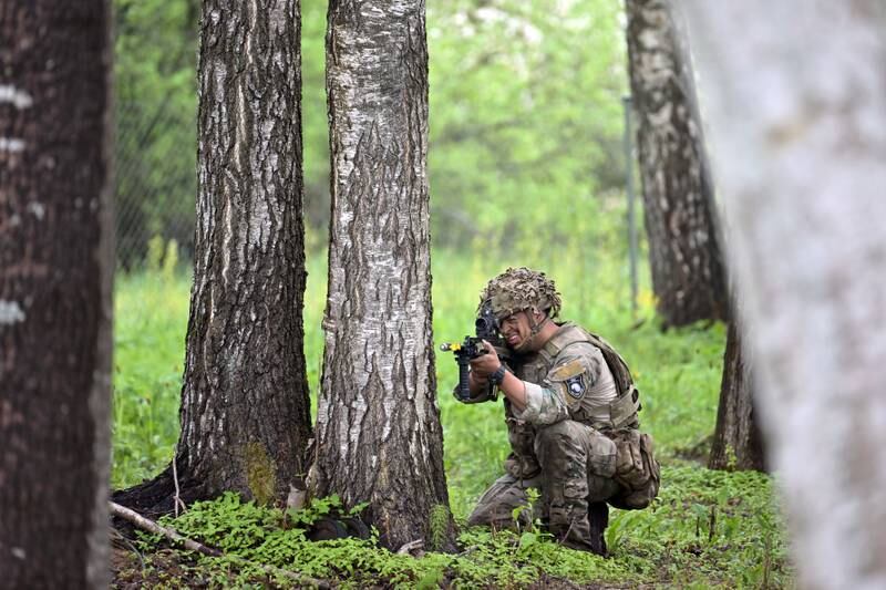 A soldier from Royal Welsh Battlegroup takes part in manoeuvres during Nato exercise 'Hedgehog' on the Estonian/Latvian border. Getty