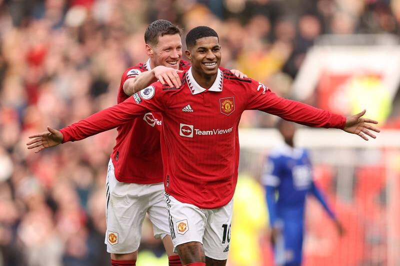 Manchester United's Wout Weghorst celebrates Marcus Rashford's second goal against Leicester City in the 3-0 Premier League victory at Old Trafford on February 19, 2023. Getty