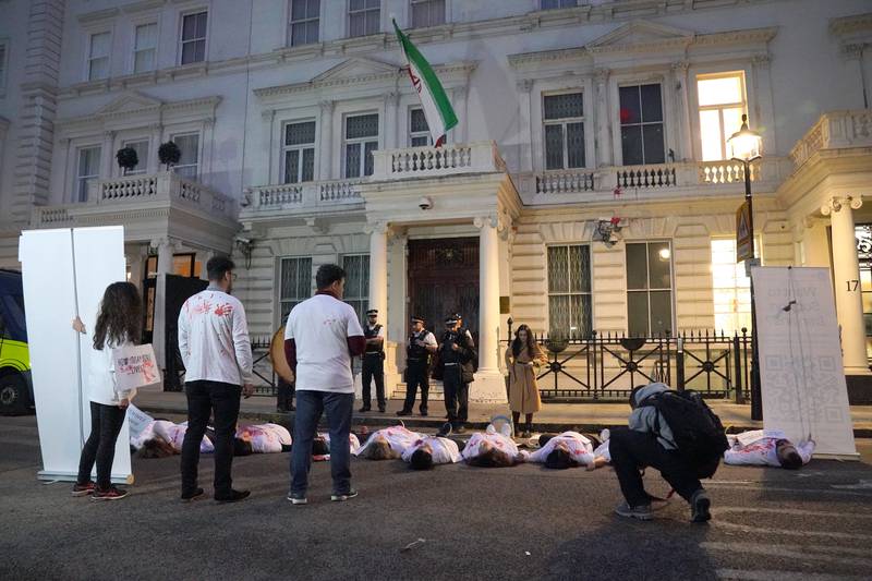 Protesters outside the Iranian Embassy in London. PA