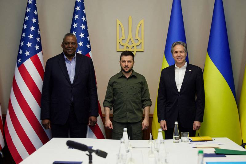 Ukrainian President Volodymyr Zelenskyy, centre, poses for a picture with US Secretary of State Antony Blinken, right, and US Defense Secretary Lloyd Austin in Kyiv on April 24. Reuters