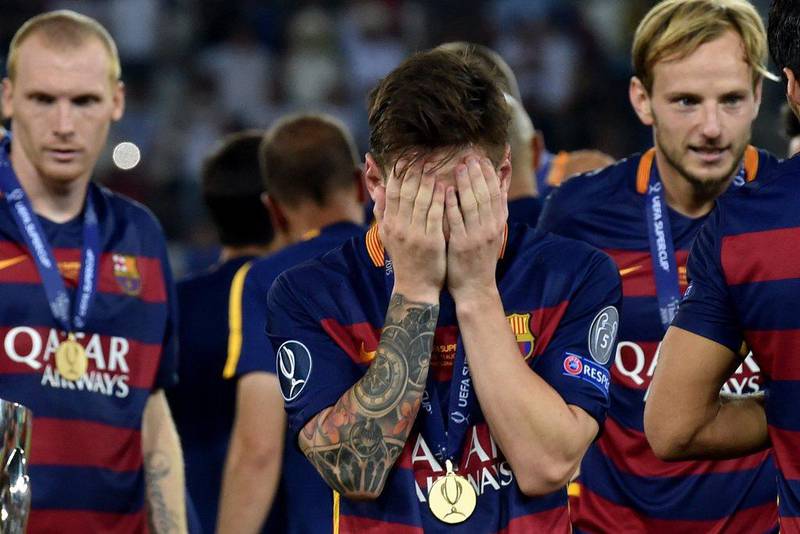 Lionel Messi reacts after winning the Uefa Super Cup. Kirill Kudryavtsev / AFP