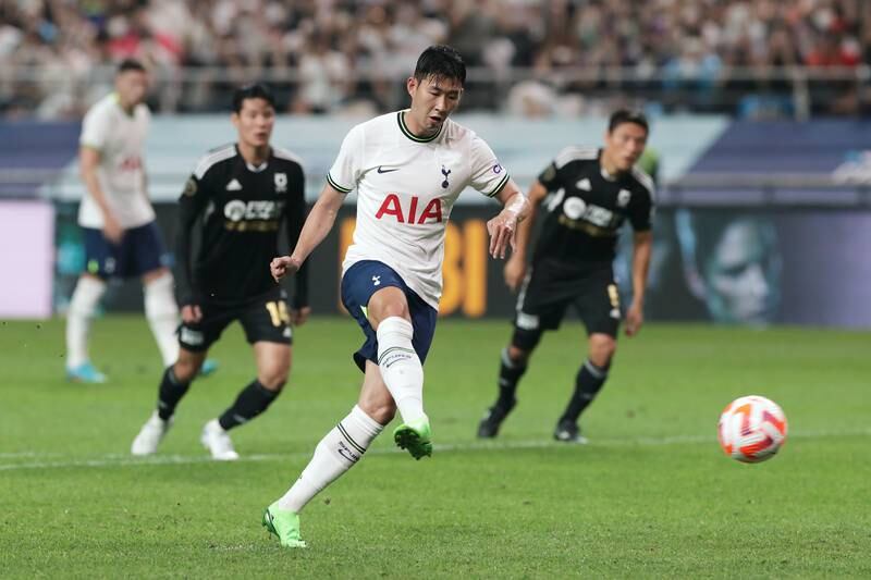 Son Heung-Min scores from the spot for Tottenham Hotspur against a K-League XI at Seoul World Cup Stadium, on July 13. Getty