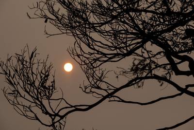 The sun is  shrouded by haze of smoke from bushfires in Mallacoota. Getty Images