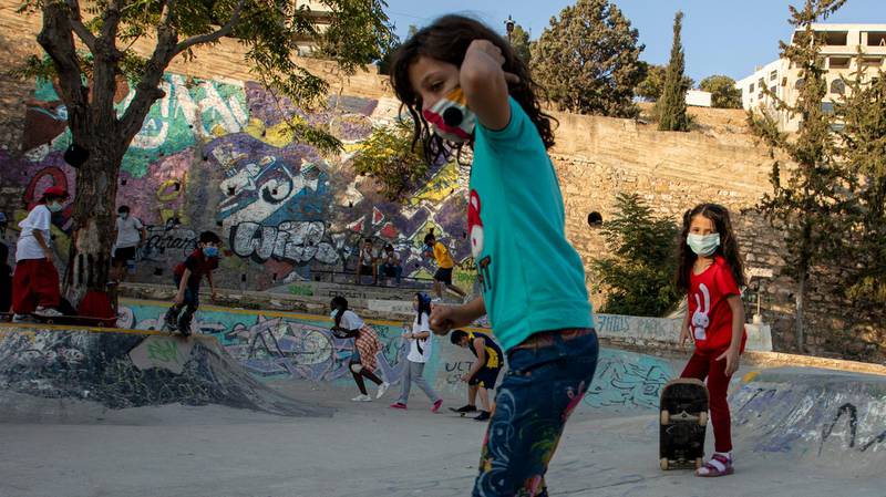 Girls enjoy skateboarding at Seven Hills Skate Park in Downtown Amman, Jordan, on September 22, 2020. The Seven Hills is a Jordanian non-profit organisation that uses skateboarding as a tool to encourage social cohesion, youth leadership and gender equality.