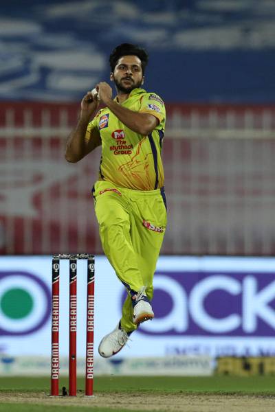 Shardul Thakur of Chennai Superkings bowls during match 34 of season 13 of the Dream 11 Indian Premier League (IPL) between the Delhi Capitals and the Chennai Super Kings held at the Sharjah Cricket Stadium, Sharjah in the United Arab Emirates on the 17th October 2020.  Photo by: Deepak Malik  / Sportzpics for BCCI