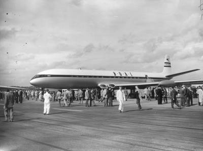 A British Overseas Airways Corporation Comet III aircraft on display at Farnborough in 1954. The British Overseas Airways Corporation was formed in April 1940.