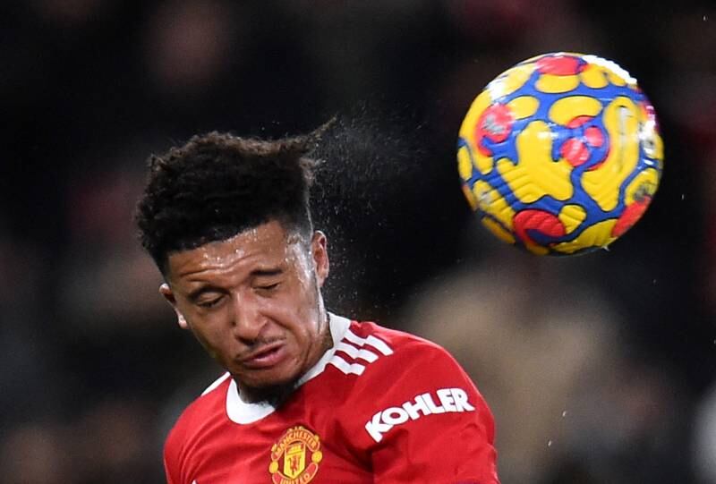 Manchester United's Jadon Sancho heads the ball. Reuters