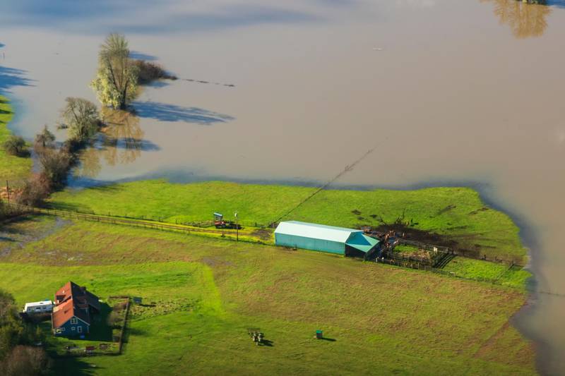 An arial photo of a farmhouse surrounded by floodwaters from an extreme high tide along the Coquille River in southwest Oregon taken as part of the Oregon King Tides Project. Rena Olson via AP