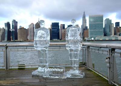 Ice sculptures of Donald Trump and Jair Bolsonaro comprise the artwork 'Meltdown', which was on display last September during the UN Summit On Biodiversity in New York City. AFP