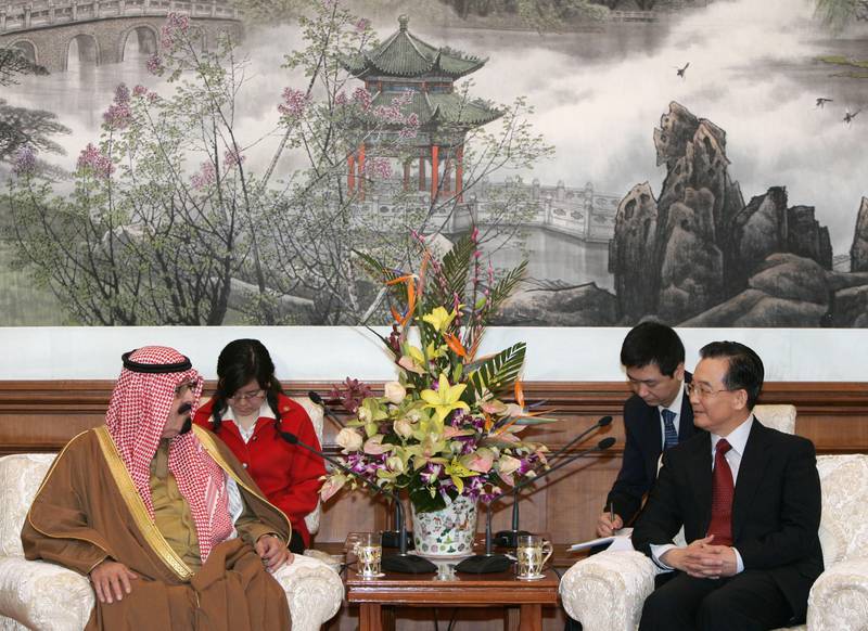 King Abdullah meets Chinese Premier Wen Jiabao, right, at the Diaoyutai State Guesthouse in Beijing in January 2006. He is the first Saudi king to visit China as monarch since diplomatic relations were established in 1990. 