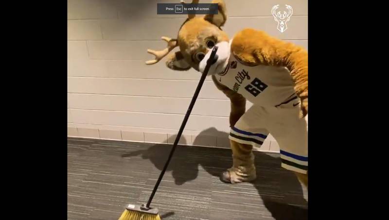 The mascot from the Milwaukee Bucks basketball team takes on the #BroomChallenge. Courtesy Milwaukee Bucks / Twitter