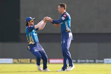 Trent Boult of Mumbai Indians celebrtaes after takes a wicket of Jonny Bairstow of Sunrisers Hyderabad during match 17 of season 13 of the Indian Premier League (IPL ) between the Mumbai Indians and the Sunrisers Hyderabad held at the Sharjah Cricket Stadium, Sharjah in the United Arab Emirates on the 4th October 2020. Photo by: Rahul Gulati / Sportzpics for BCCI