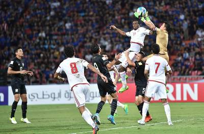 UAE, in white, played out a 1-1 draw against Thailand in a 2018 World Cup qualifier at the Rajamangala Stadium in Bangkok on Tuesday, June 13, 2017. Courtesy UAE FA