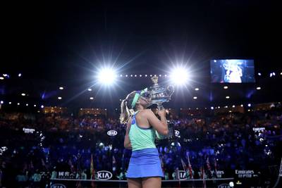 MELBOURNE, AUSTRALIA - FEBRUARY 01:  Sofia Kenin of the United States kisses the Daphne Akhurst Memorial Cup after winning her Women's SinglesÂ Final match against Garbine Muguruza of Spain on day thirteen of the 2020 Australian Open at Melbourne Park on February 01, 2020 in Melbourne, Australia. (Photo by Cameron Spencer/Getty Images)