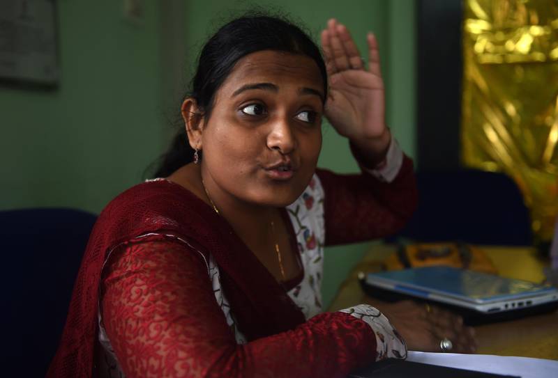 To go with "INDIA-MARRIAGE-CHILDREN-CRIME" by Annie BANERJI
In this photograph taken on August 24, 2015, Kriti Bharti, the founder of The Sarathi Trust, gestures during an interview with AFP in Jodhpur. Although illegal, millions in India are married as children in a deep-rooted tradition in mostly poor and rural areas. Nearly 50 percent of women, aged 20 to 24, say they were married before the legal age of 18, government figures show. Bharti, whose charity has helped annul 27 marriages in Rajasthan, said annulments were favoured over divorce, as they were generally quicker and required less paperwork. AFP PHOTO / MONEY SHARMA (Photo by MONEY SHARMA / AFP)