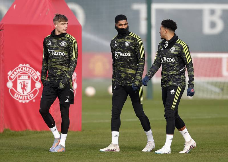 Marcus Rashford, Jadon Sancho and Brandon Williams during  Manchester United training. Reuters