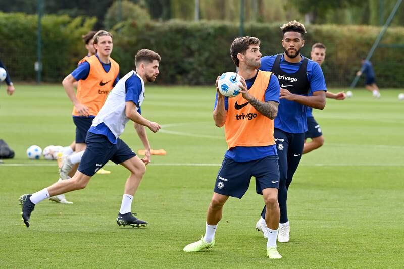Christian Pulisic and Reece James of Chelsea during a training session in Cobham, England.